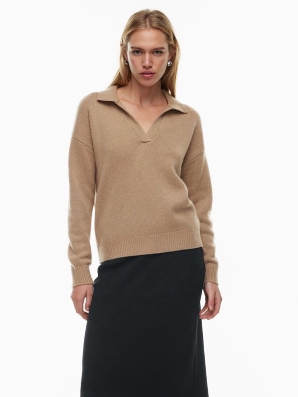 Wilfred Clara Merino Wool Waist Sweater V-Neck Notch Neck Collar Tan Aritzia